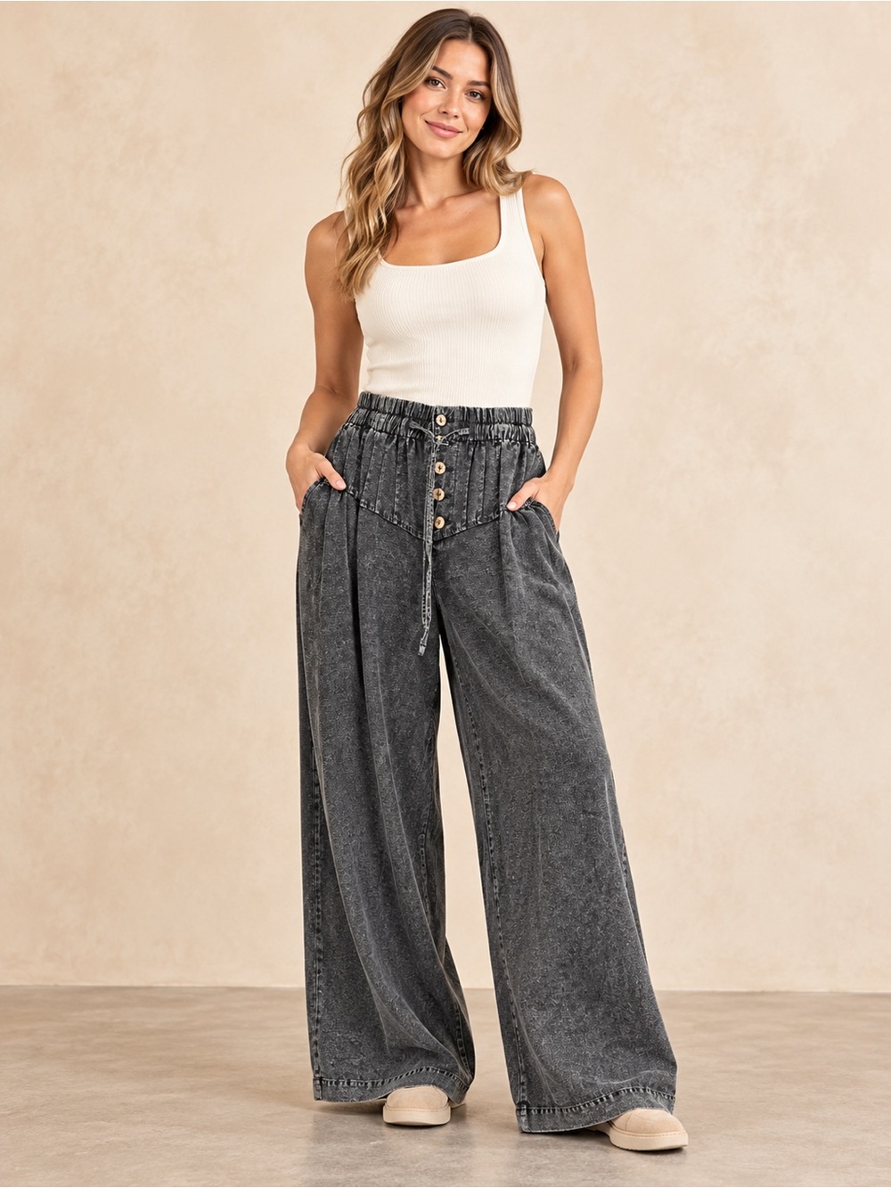 Oli and Hali High-Waist Wide Leg Drawstring pin tuck Pants - Black Wash XL